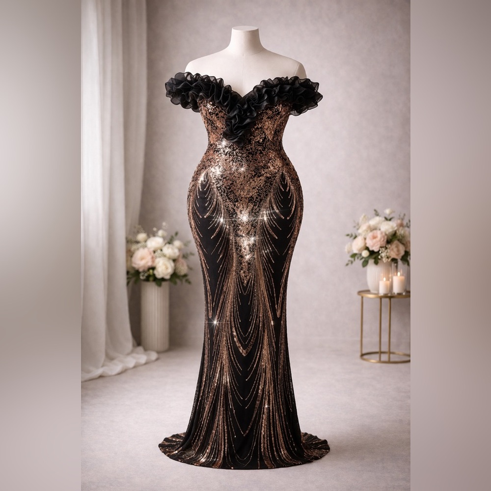 Black & Gold Sequin Off-Shoulder Gown – 2XL (16/18) – NEW